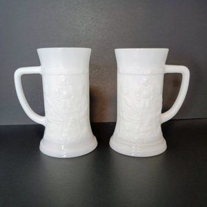 Vintage Beer Stein Mug Bar Pub Scene Embossed Federal White Milk Glass Set Of 2